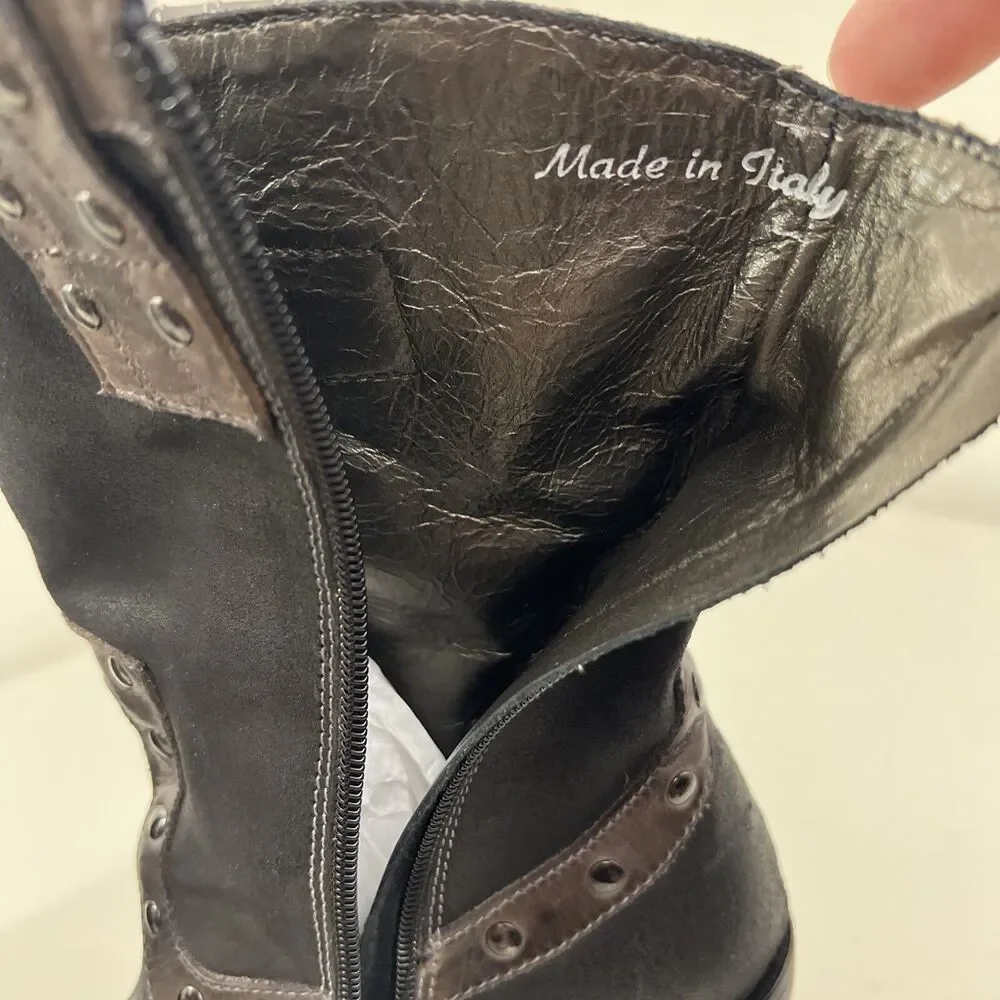 Mark Nason Women’s Black 7 Narrow Rivet Western-Style Boots Chunky Heel, Zip Up